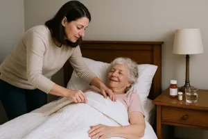 Evde yaşlı birey için kişiye özel tedavi ve takip işlemlerini gösteren bir görsel.